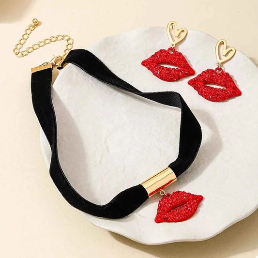 Rhinestone Lip Earrings and Necklace Jewelry Set