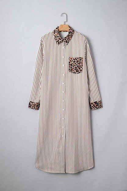 Brown Stripe Contrast Leopard Patchwork Long Shirt Dress with Slits