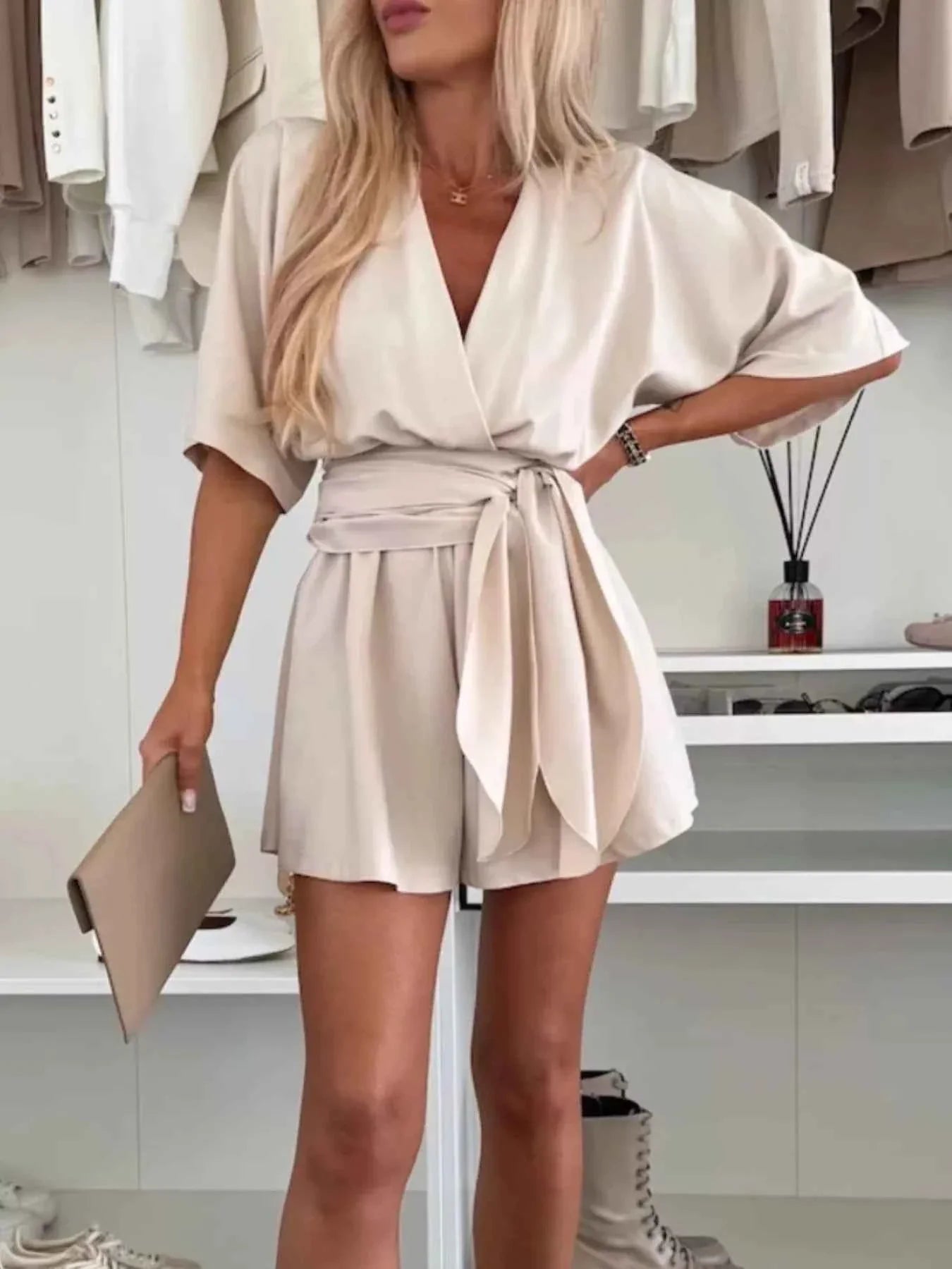 Full Size Surplice Tie Waist Romper Plus Size