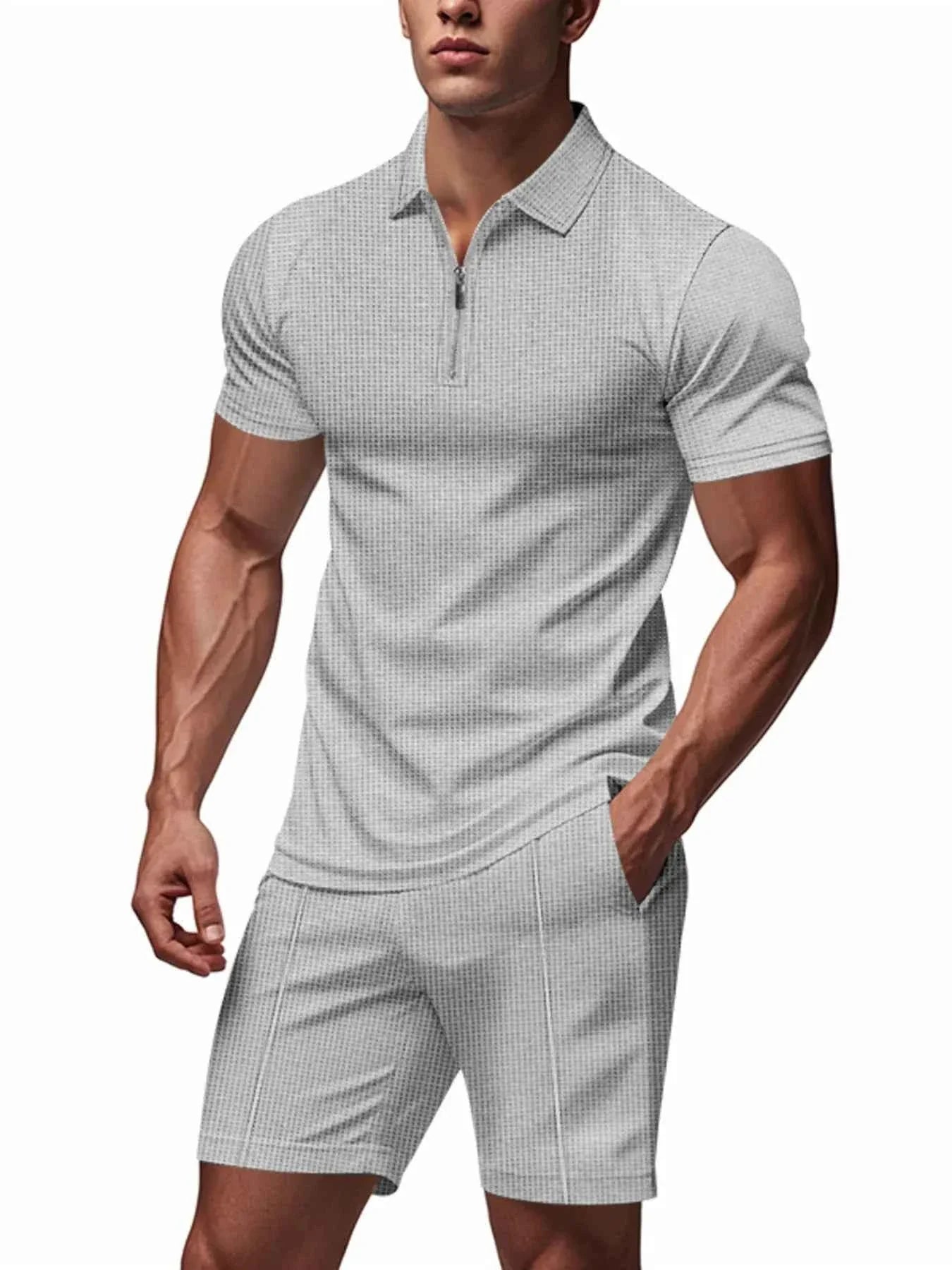 Men's Plus Size Quarter Zip Short Sleeve Top and Shorts Set