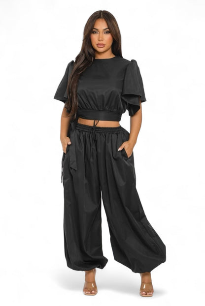 Ruffle Short Sleeve Crop Top & Jogger Pants Set