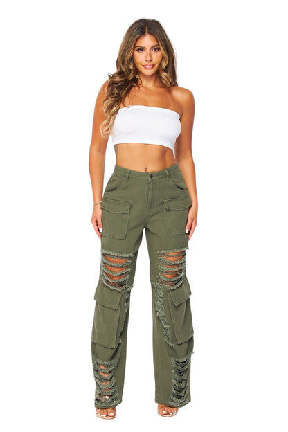 Distressed Wide Leg Cargo Pocket Pants