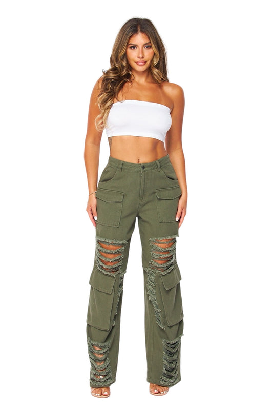 Distressed Wide Leg Cargo Pocket Pants