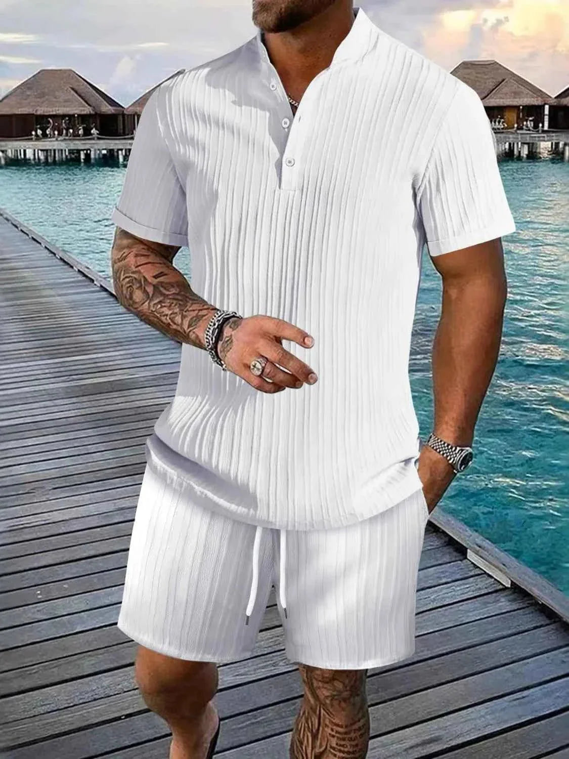 Men's Plus Size Short Sleeve Shirt and Shorts Set - Two Piece Summer Outfit