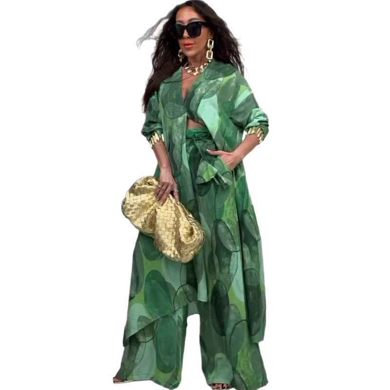 Elegant and sexy printed top+wide leg pants two-piece set