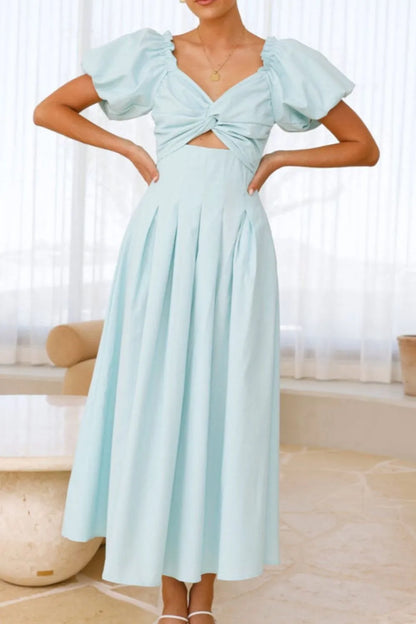 甜美寧靜泡泡袖中長連身裙