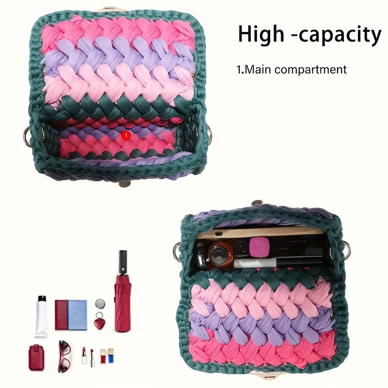 Bolso bandolera mini con borlas de crochet estilo bohemio y elegante con bloques de color