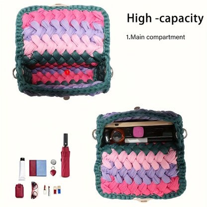 Bolso bandolera mini con borlas de crochet estilo bohemio y elegante con bloques de color