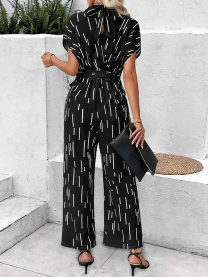 Tied Printed Mock Neck : Wide Leg Jumpsuit