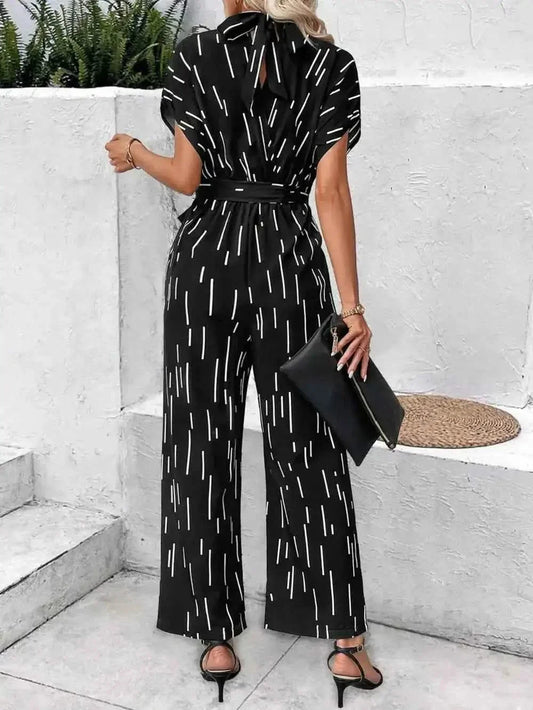 Tied Printed Mock Neck : Wide Leg Jumpsuit