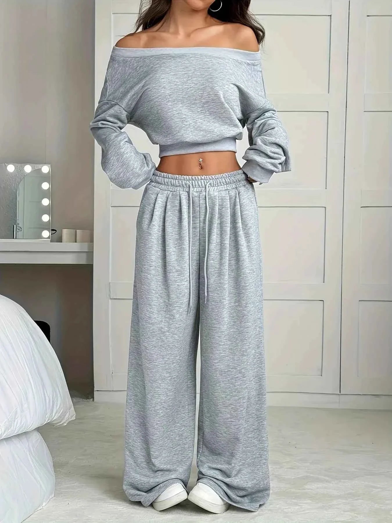 Full Size Boat Neck Crop Top & Wide Leg Pants Set Plus Size