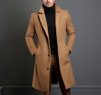 Gabardina de longitud media para hombre, otoño invierno, bolsillos estrechos, chaqueta de cuello sencillo, abrigo informal de negocios, ropa cómoda