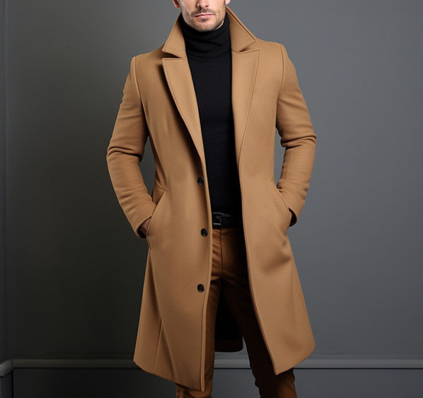 Gabardina de longitud media para hombre, otoño invierno, bolsillos estrechos, chaqueta de cuello sencillo, abrigo informal de negocios, ropa cómoda