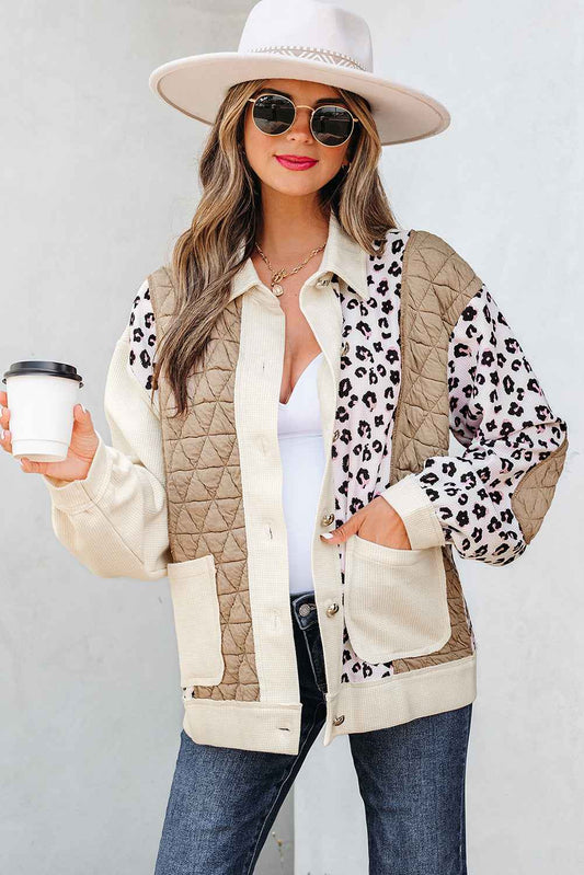 Khaki Leopard Waffle Quilted Patchwork Button Front Jacket