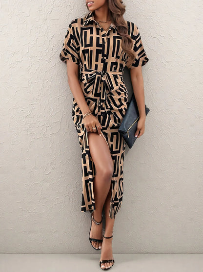 Geometric Print Belted Midi Dress