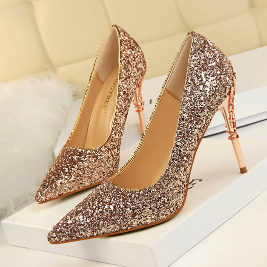Sexy Nightclub Women Shoes Metal Heel Stiletto Heel Shallow Mouth Pointed Sequined Shoes