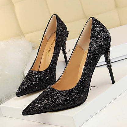 Sexy Nightclub Women Shoes Metal Heel Stiletto Heel Shallow Mouth Pointed Sequined Shoes