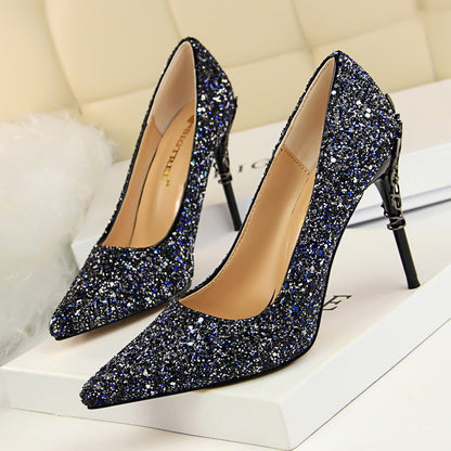 Sexy Nightclub Women Shoes Metal Heel Stiletto Heel Shallow Mouth Pointed Sequined Shoes