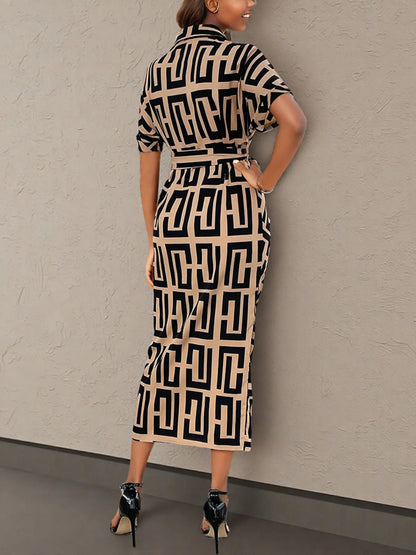 Geometric Print Belted Midi Dress