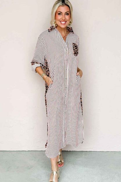 Brown Stripe Contrast Leopard Patchwork Long Shirt Dress with Slits