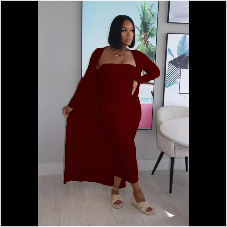 New Autumn Fashion Suit Women Solid Tube Bodycon Dress With Longline Coat Two Piece Set Casual Daily Outfits