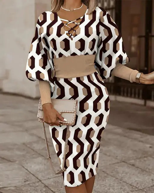 優雅女士V領長袖鉛筆裙