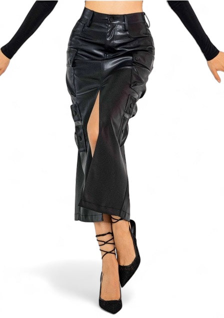 Vegan Leather Cargo Column Skirt