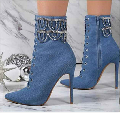 Rhinestone Chain Stiletto Pointed Toe : Ankle Boots