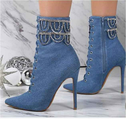 Rhinestone Chain Stiletto Pointed Toe : Ankle Boots