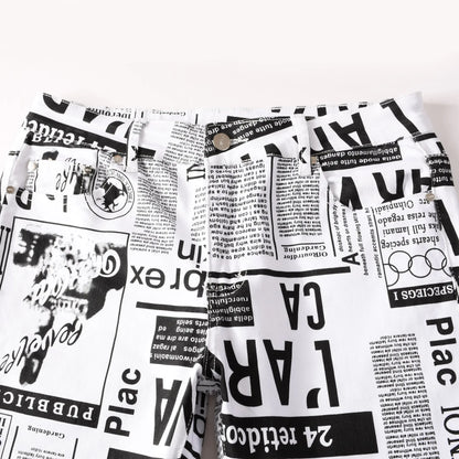 男士時尚不對稱印花牛仔褲