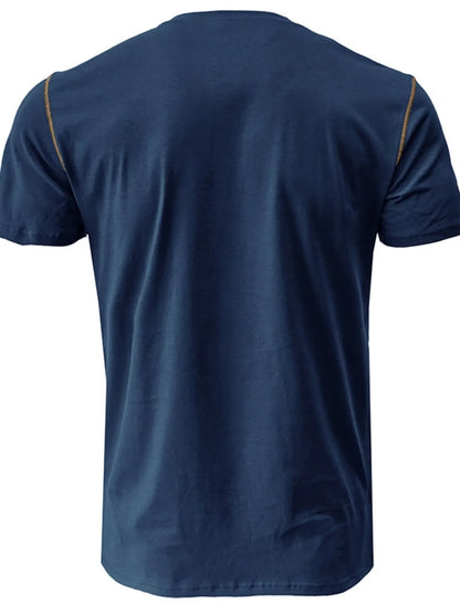 Men's Full Size Casual Henley T-Shirt with Contrast Stitching and Pocket Plus Size