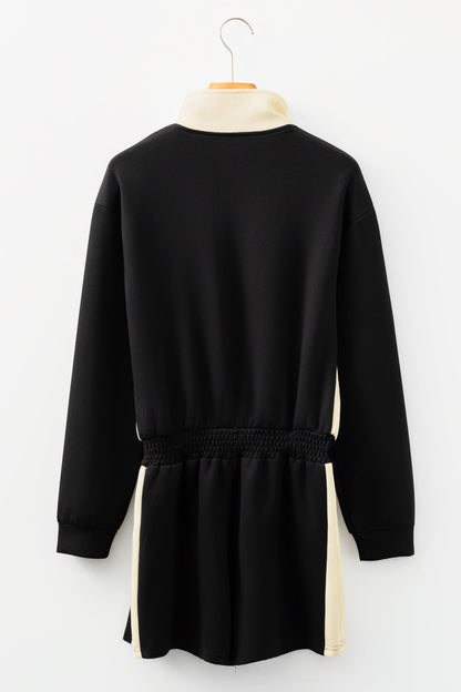 Black Two-tone Long Sleeve Zipped Front Casual Romper