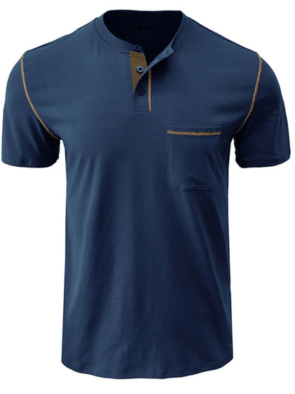 Men's Full Size Casual Henley T-Shirt with Contrast Stitching and Pocket Plus Size