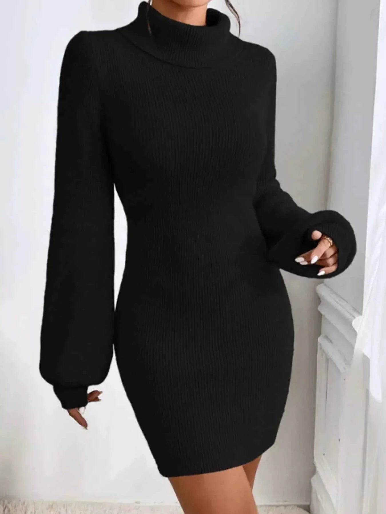 Turtleneck Ribbed Knit Sweater Dress