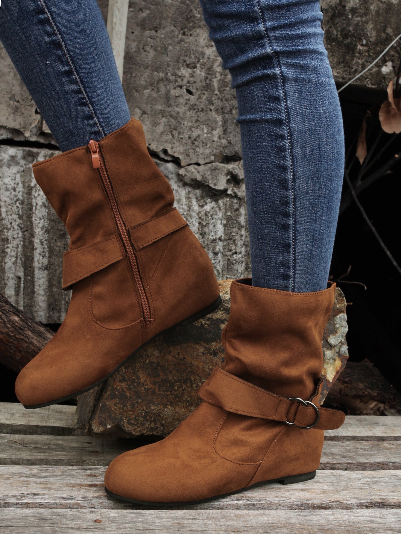 踝靴 圓頭 扣環 皮帶 側邊拉鍊靴