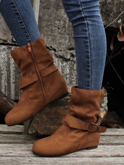 踝靴 圓頭 扣環 皮帶 側邊拉鍊靴
