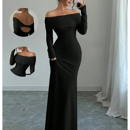 Elegante vestido de noche midi con hombros descubiertos