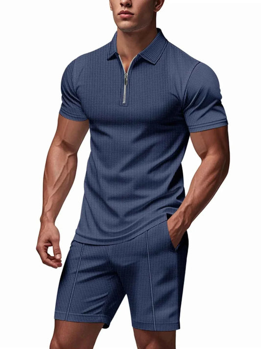 Men's Plus Size Quarter Zip Short Sleeve Top and Shorts Set
