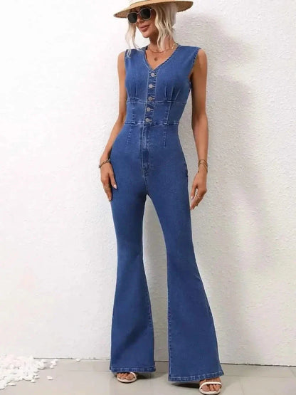 V-Neck Sleeveless : Denim Jumpsuit