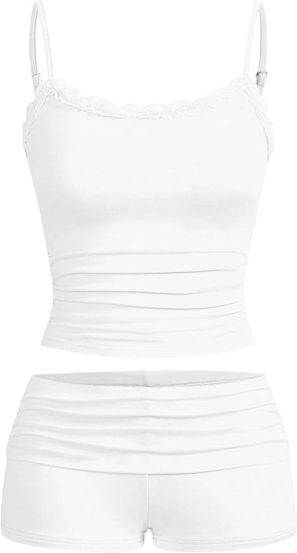 Hilinker 女士性感睡衣套裝，褶皺蕾絲吊帶背心和短褲，夏季可愛睡衣兩件套