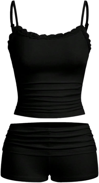 Hilinker 女士性感睡衣套裝，褶皺蕾絲吊帶背心和短褲，夏季可愛睡衣兩件套