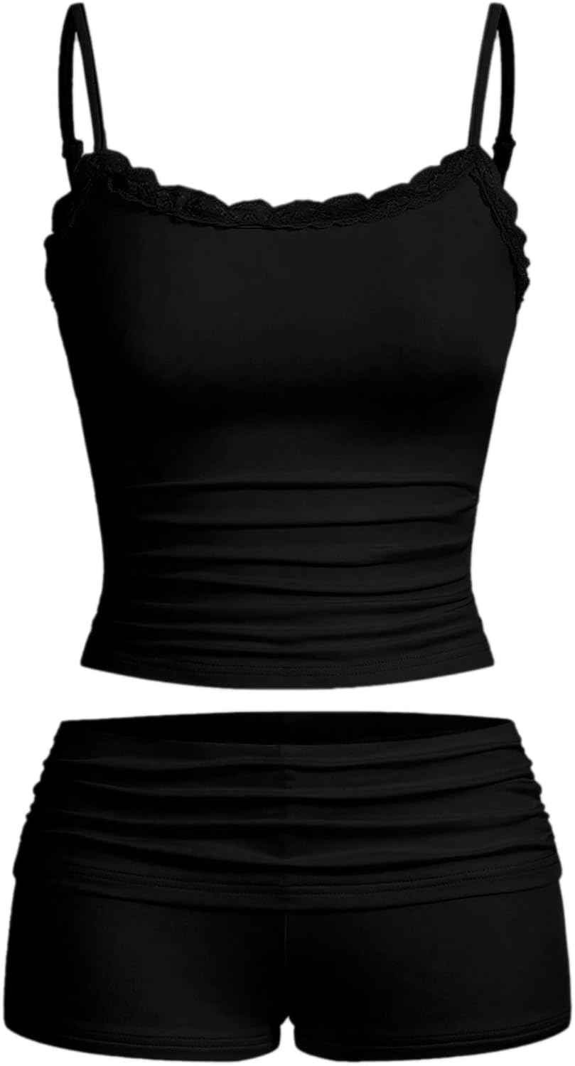 Hilinker 女士性感睡衣套裝，褶皺蕾絲吊帶背心和短褲，夏季可愛睡衣兩件套