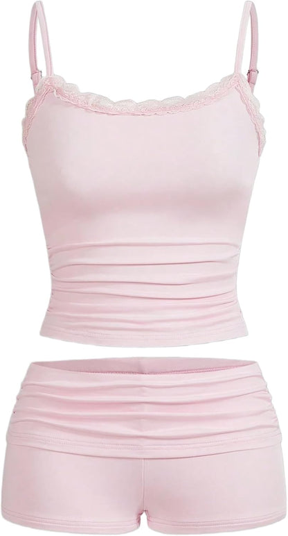 Hilinker 女士性感睡衣套裝，褶皺蕾絲吊帶背心和短褲，夏季可愛睡衣兩件套