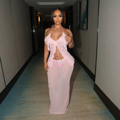 性感透明套裝，含繫帶無袖開襟衫和時尚長裙，女士兩件套