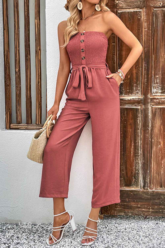 Perfee Decorative Button : Strapless Smocked Jumpsuit with Pockets