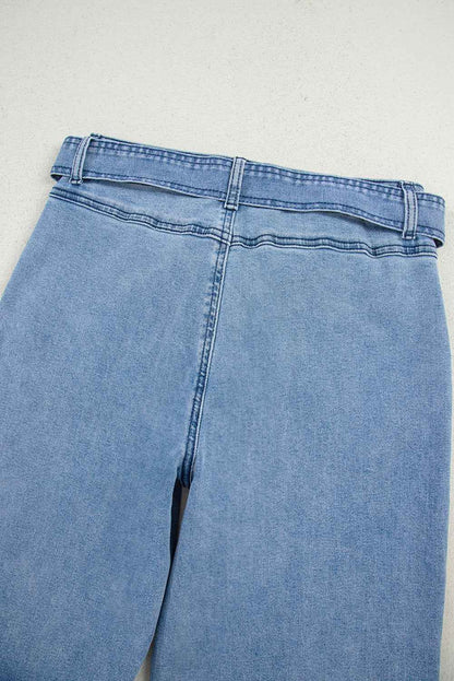 Beau Blue Western Washed Bow Knot Sash Wide Leg Jeans