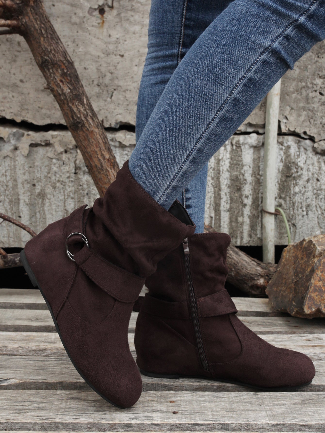 踝靴 圓頭 扣環 皮帶 側邊拉鍊靴