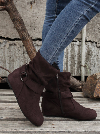 踝靴 圓頭 扣環 皮帶 側邊拉鍊靴