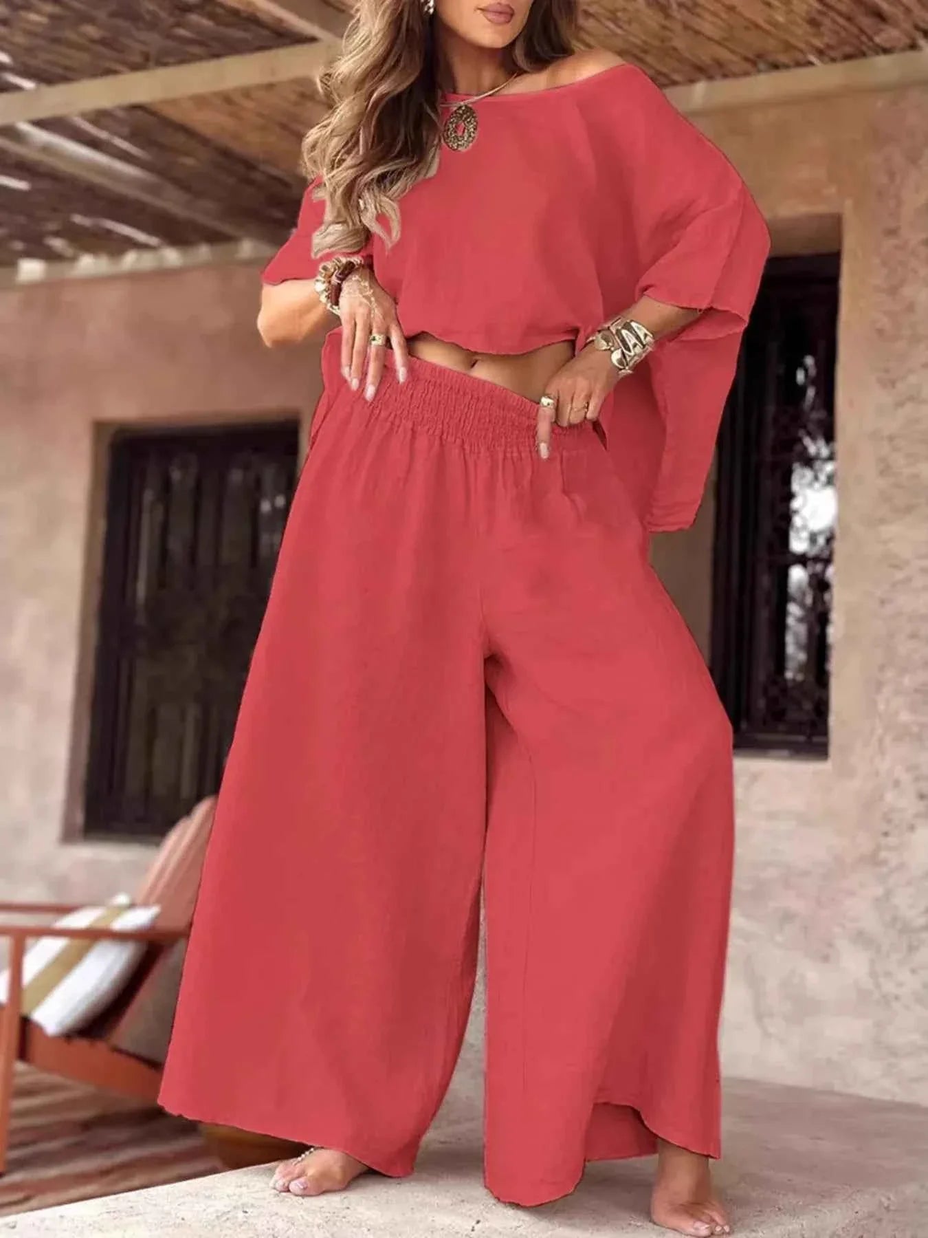 Full Size Boat Neck Top and Wide Leg Pants Set Plus Size