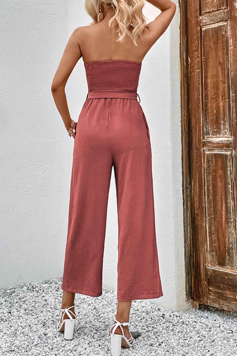 Perfee Decorative Button : Strapless Smocked Jumpsuit with Pockets